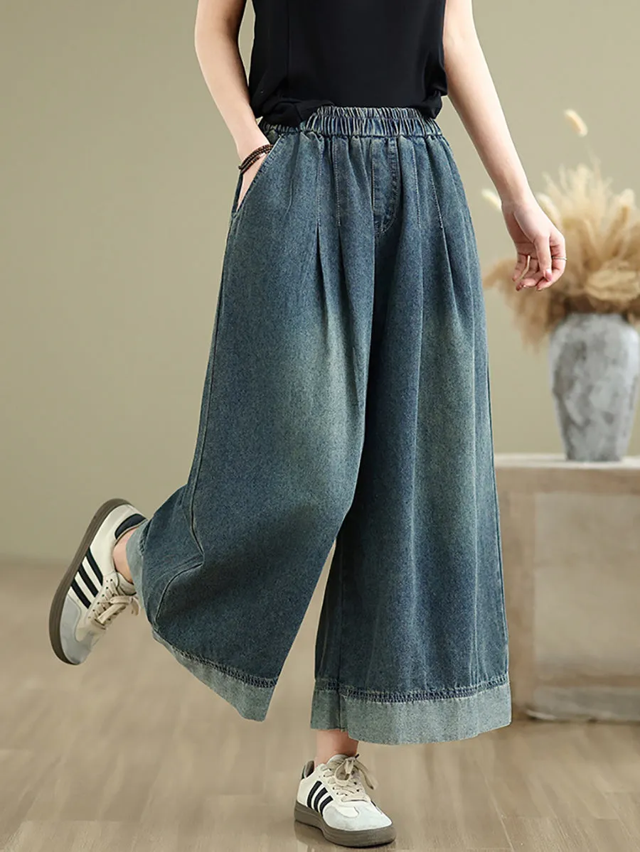 Women Summer Retro Spliced Denim Wide-leg Pants