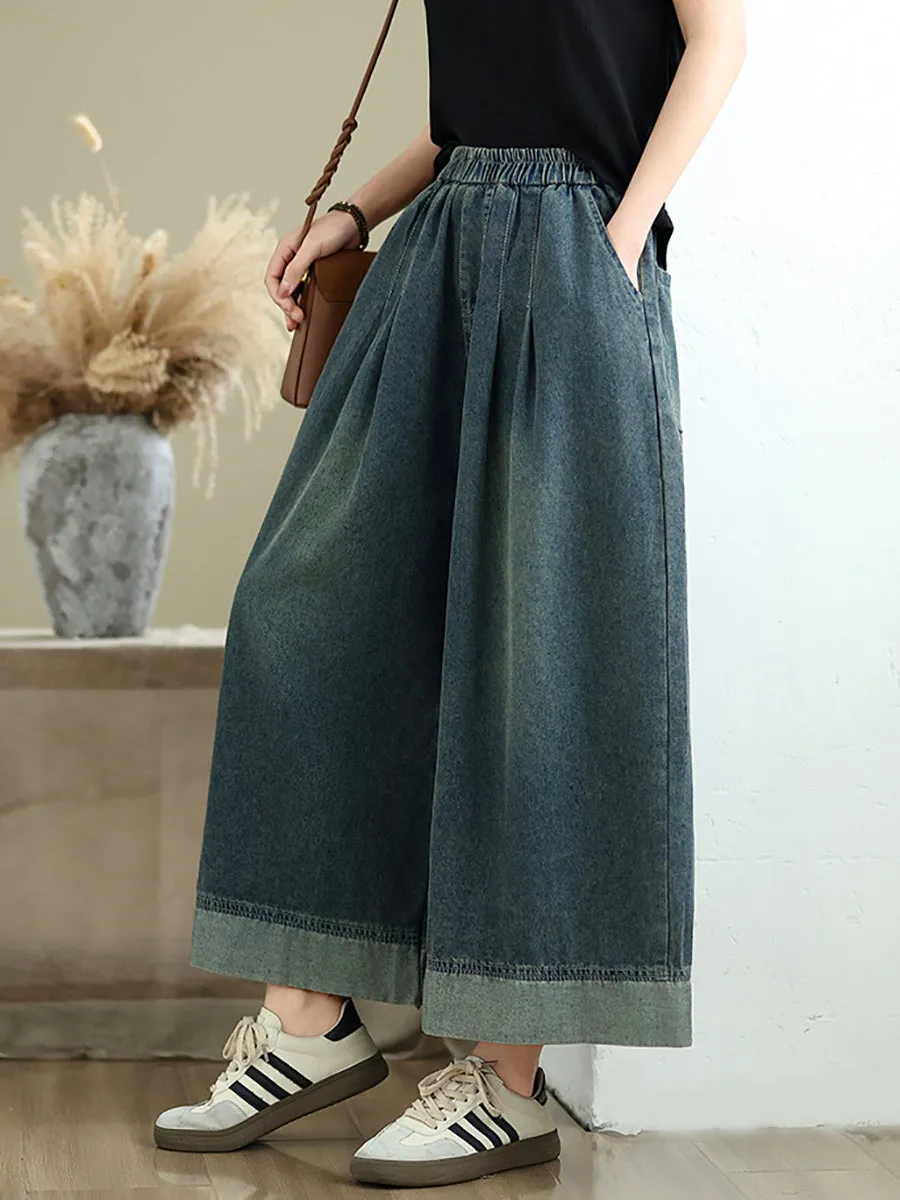 Women Summer Retro Spliced Denim Wide-leg Pants