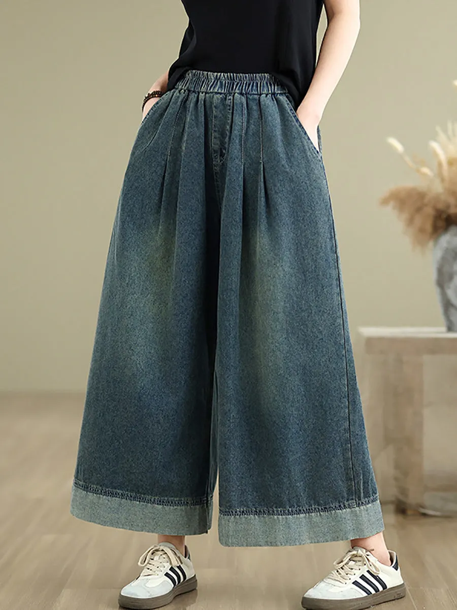 Women Summer Retro Spliced Denim Wide-leg Pants