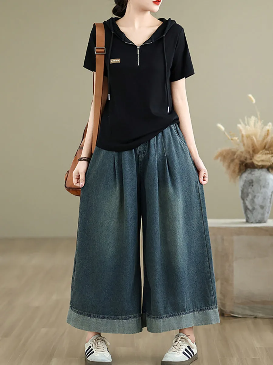 Women Summer Retro Spliced Denim Wide-leg Pants