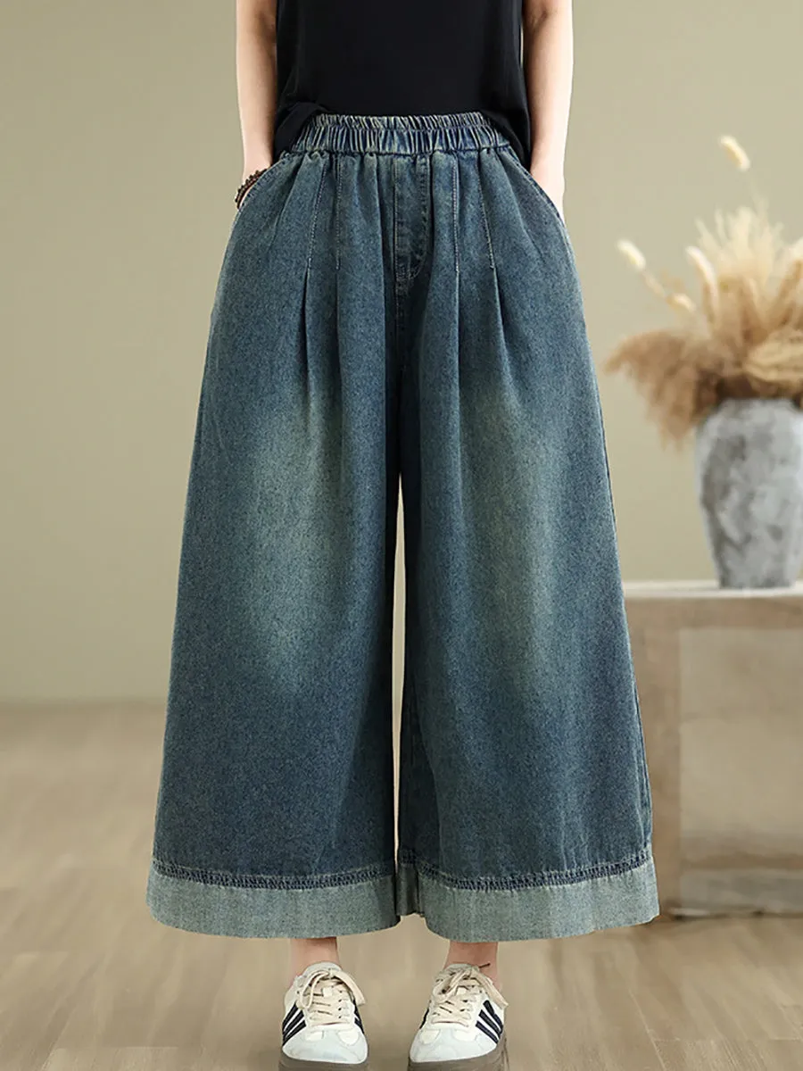 Women Summer Retro Spliced Denim Wide-leg Pants