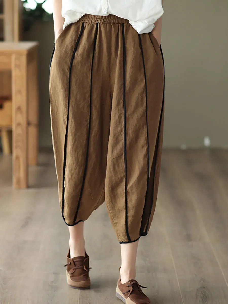 Women Summer Stripe 100%Linen Thin Harem Pants