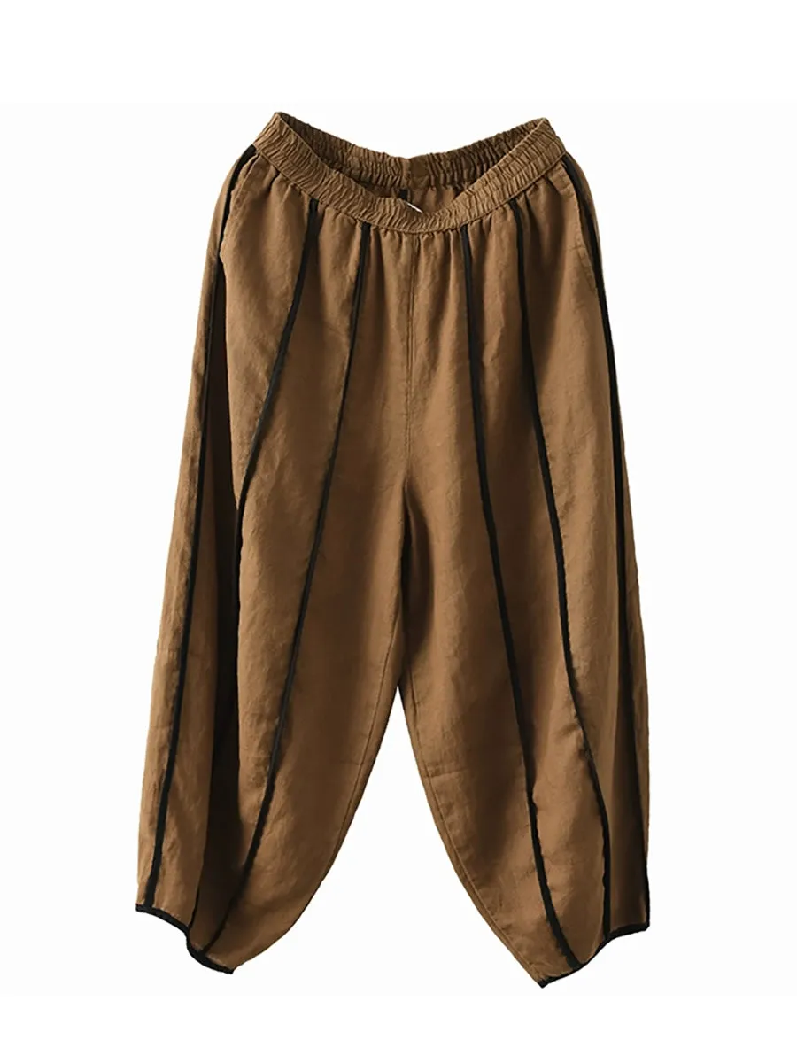 Women Summer Stripe 100%Linen Thin Harem Pants