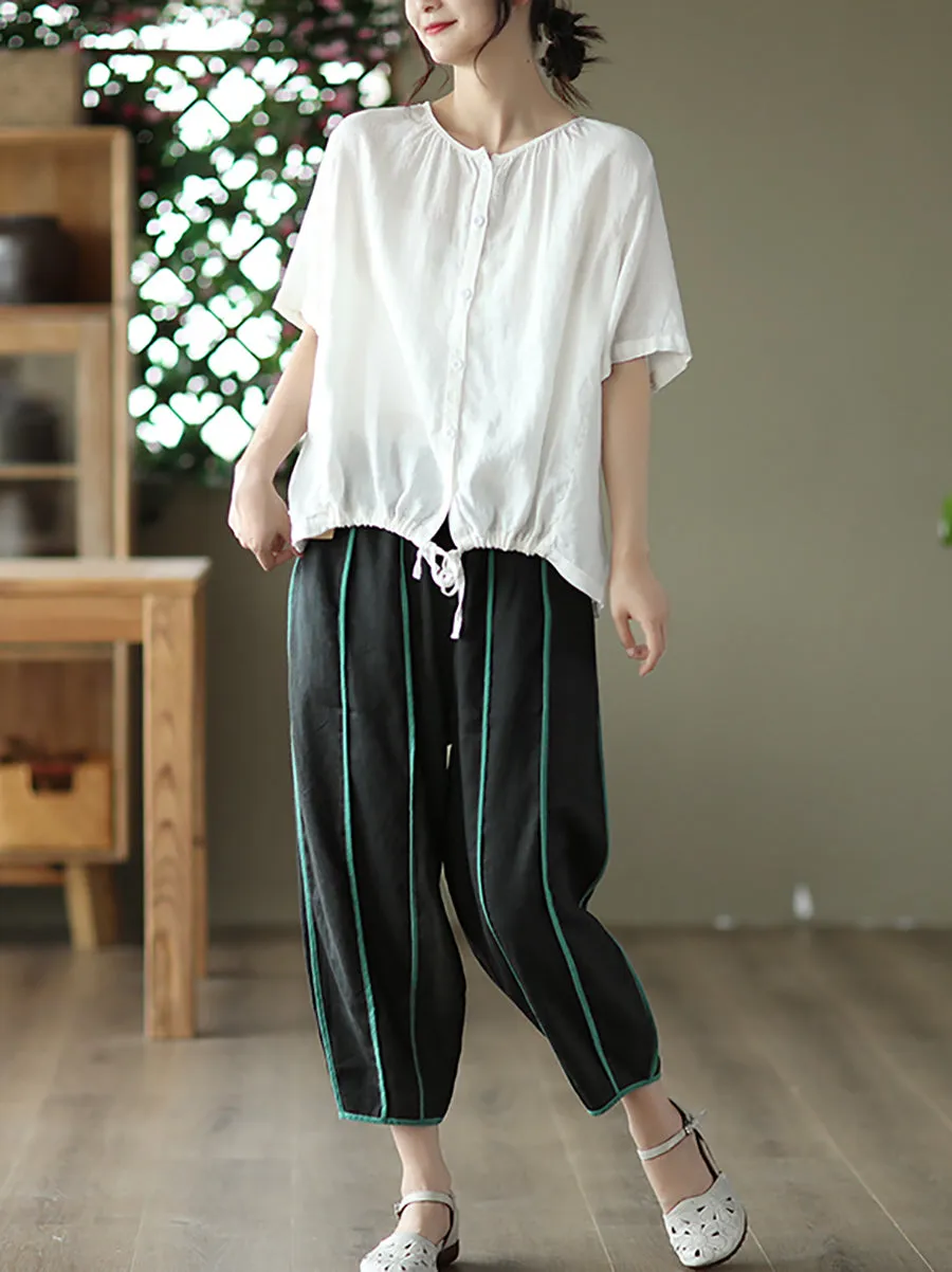 Women Summer Stripe 100%Linen Thin Harem Pants
