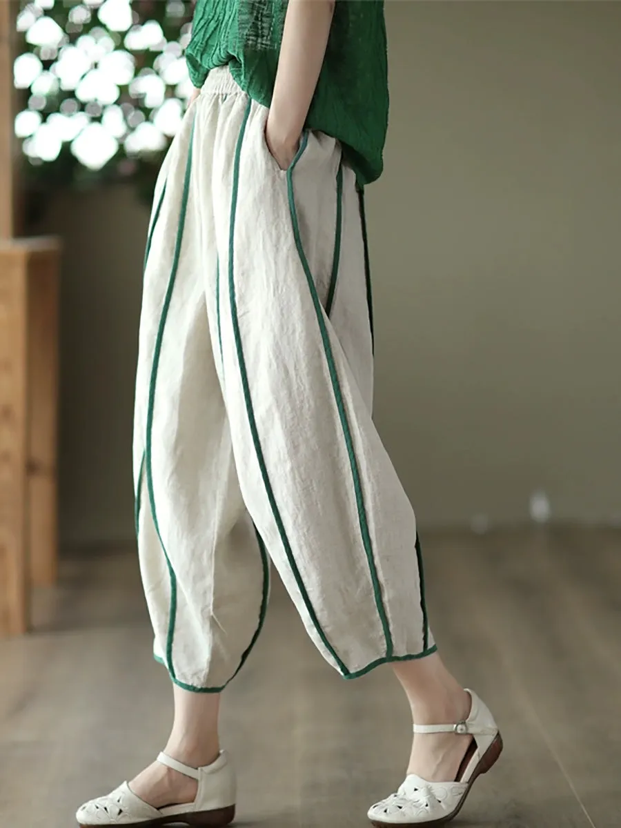 Women Summer Stripe 100%Linen Thin Harem Pants