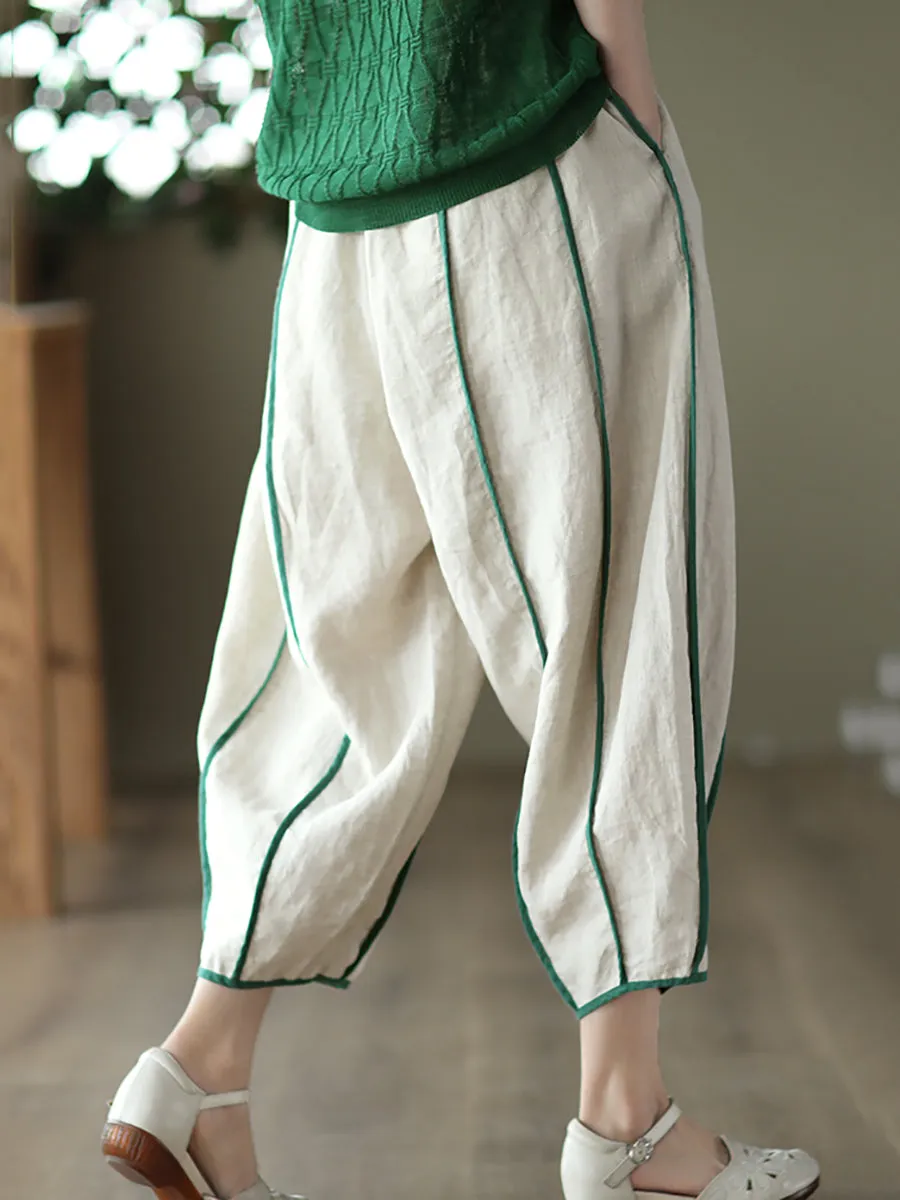 Women Summer Stripe 100%Linen Thin Harem Pants