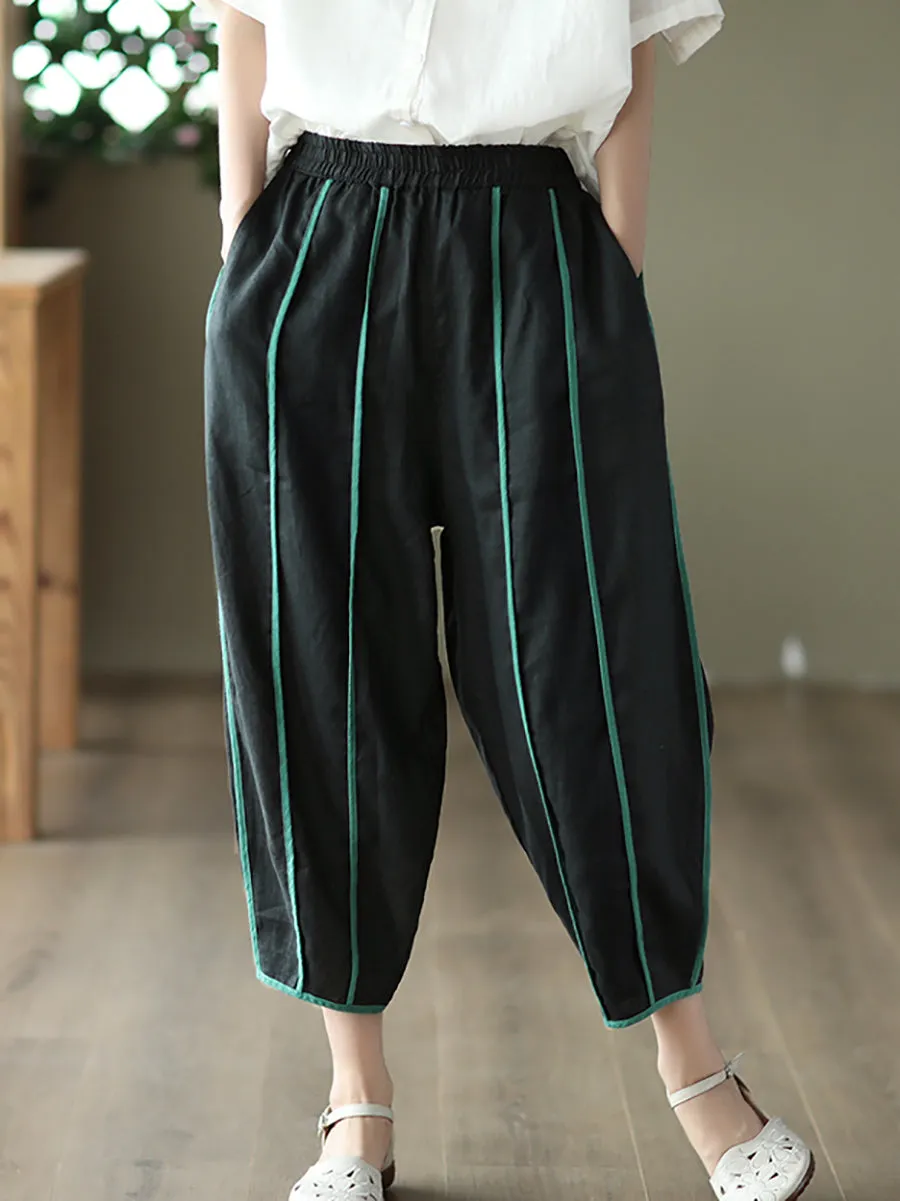 Women Summer Stripe 100%Linen Thin Harem Pants