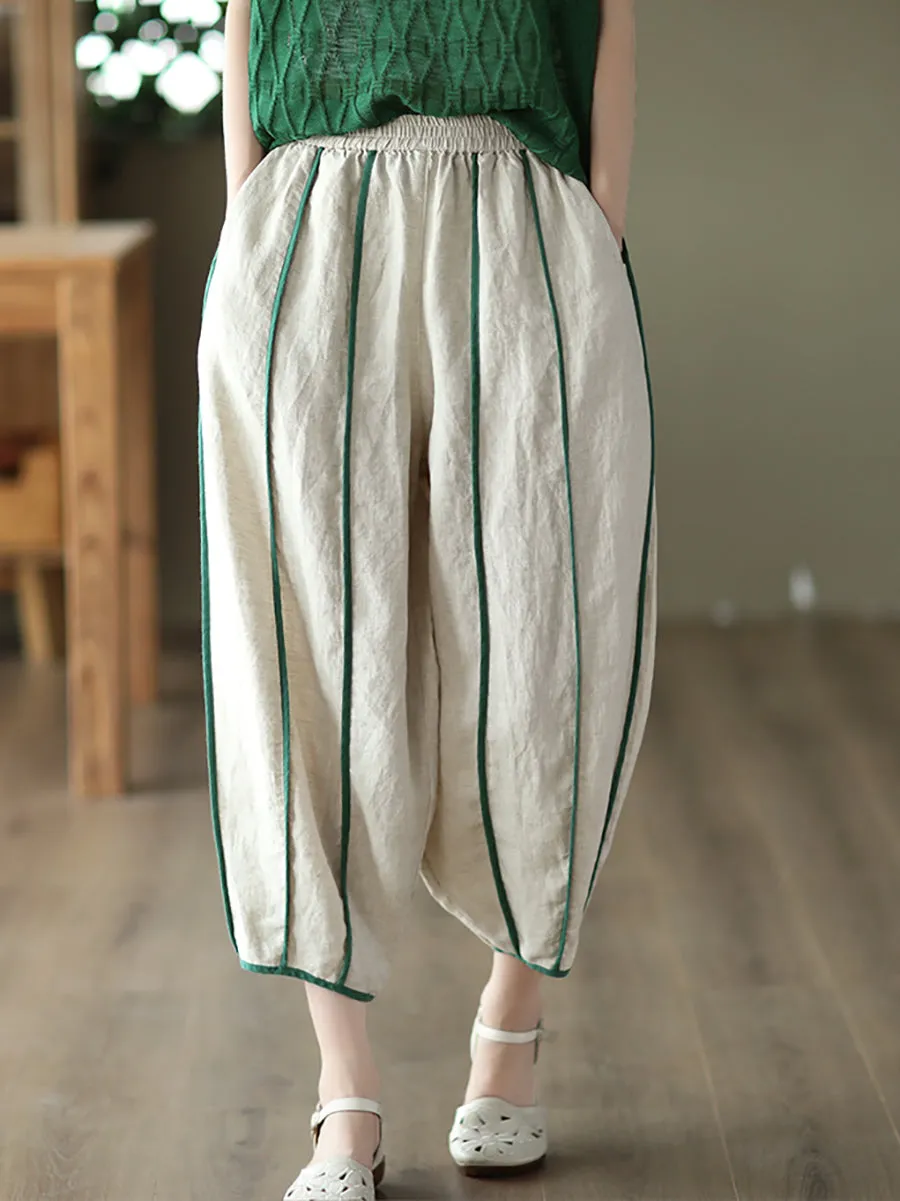 Women Summer Stripe 100%Linen Thin Harem Pants