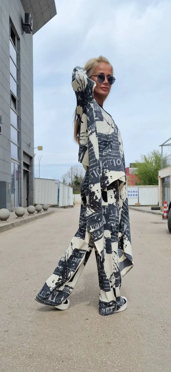 Women two parts Set, Cotton Set, High Waist Loose Pants , Asimetric Top, Gothic Set with Open Back , Extravagant Women Set