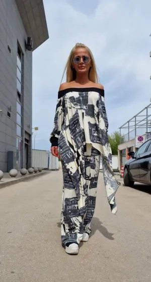Women two parts Set, Cotton Set, High Waist Loose Pants , Asimetric Top, Gothic Set with Open Back , Extravagant Women Set