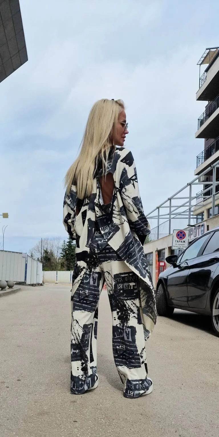 Women two parts Set, Cotton Set, High Waist Loose Pants , Asimetric Top, Gothic Set with Open Back , Extravagant Women Set