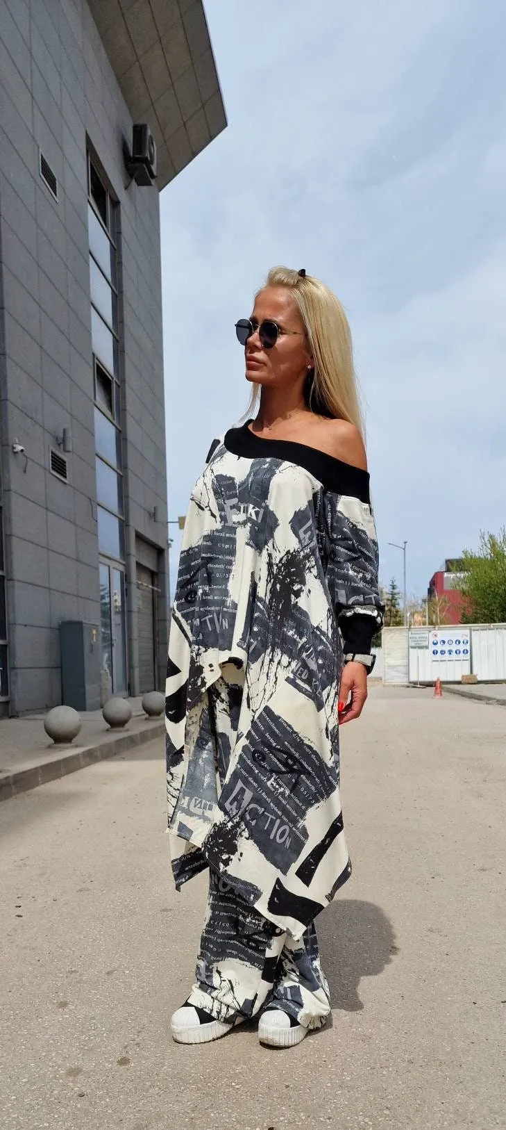 Women two parts Set, Cotton Set, High Waist Loose Pants , Asimetric Top, Gothic Set with Open Back , Extravagant Women Set