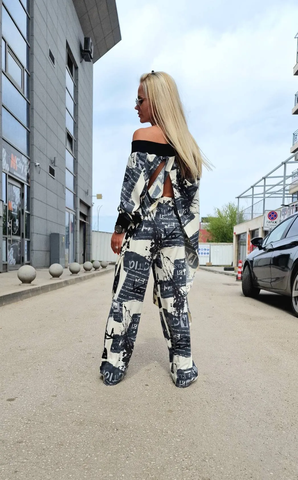 Women two parts Set, Cotton Set, High Waist Loose Pants , Asimetric Top, Gothic Set with Open Back , Extravagant Women Set
