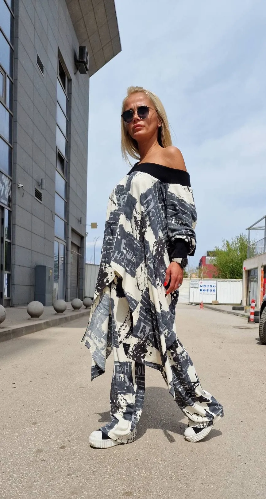 Women two parts Set, Cotton Set, High Waist Loose Pants , Asimetric Top, Gothic Set with Open Back , Extravagant Women Set