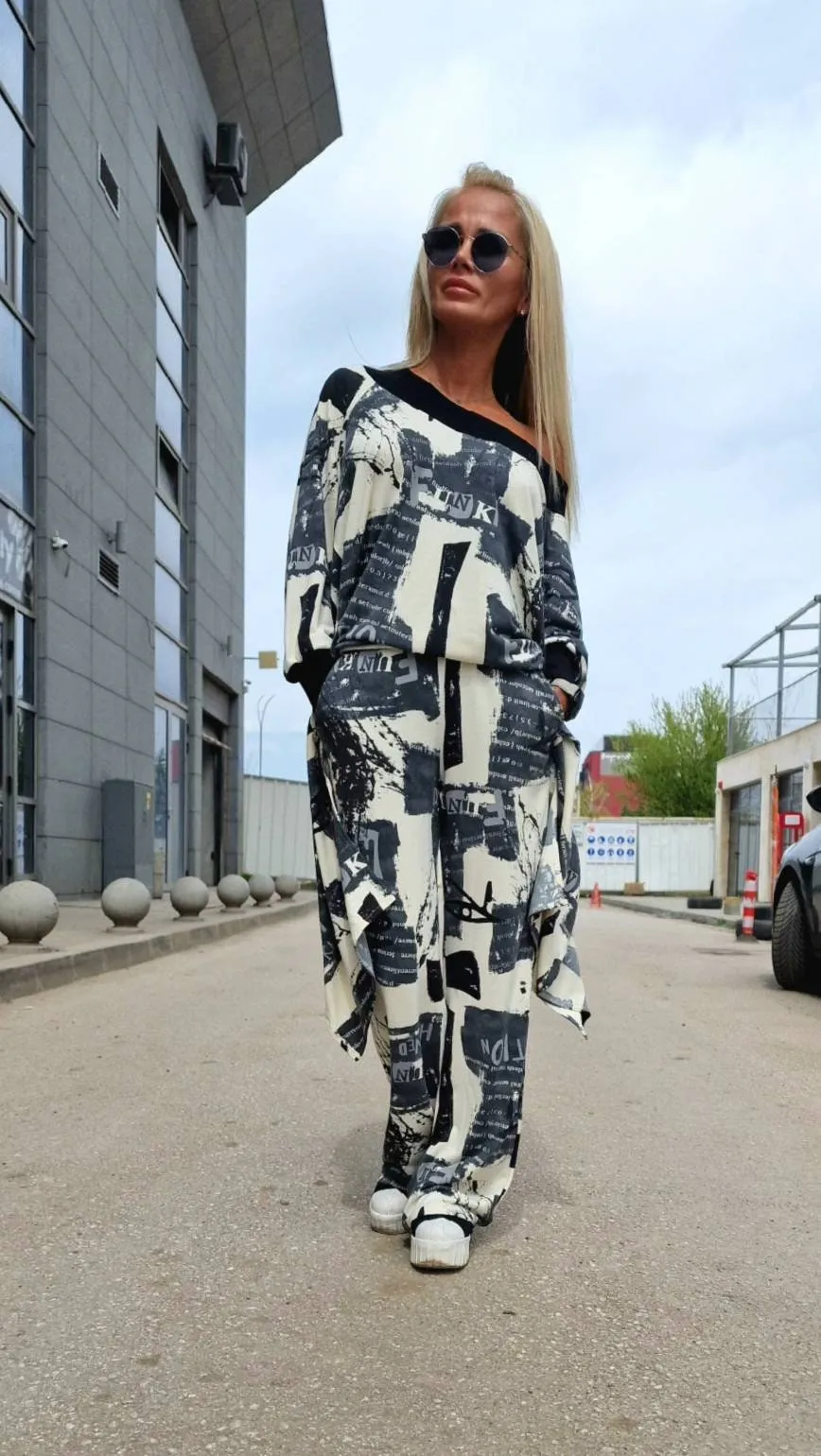 Women two parts Set, Cotton Set, High Waist Loose Pants , Asimetric Top, Gothic Set with Open Back , Extravagant Women Set