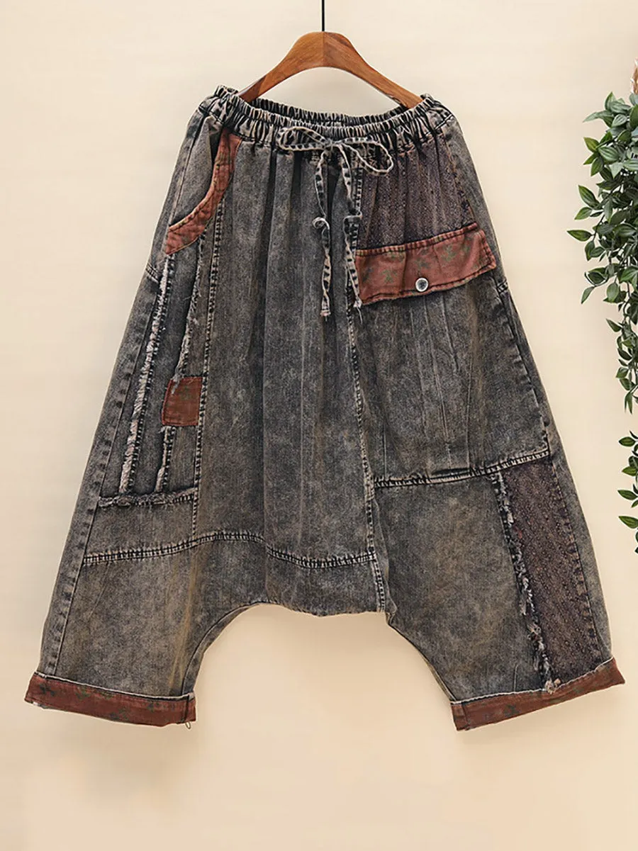 Women Worn Denim Low Crotch Harem Pants