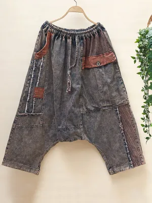 Women Worn Denim Low Crotch Harem Pants