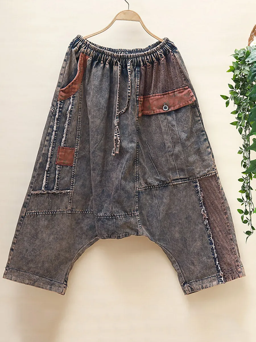 Women Worn Denim Low Crotch Harem Pants