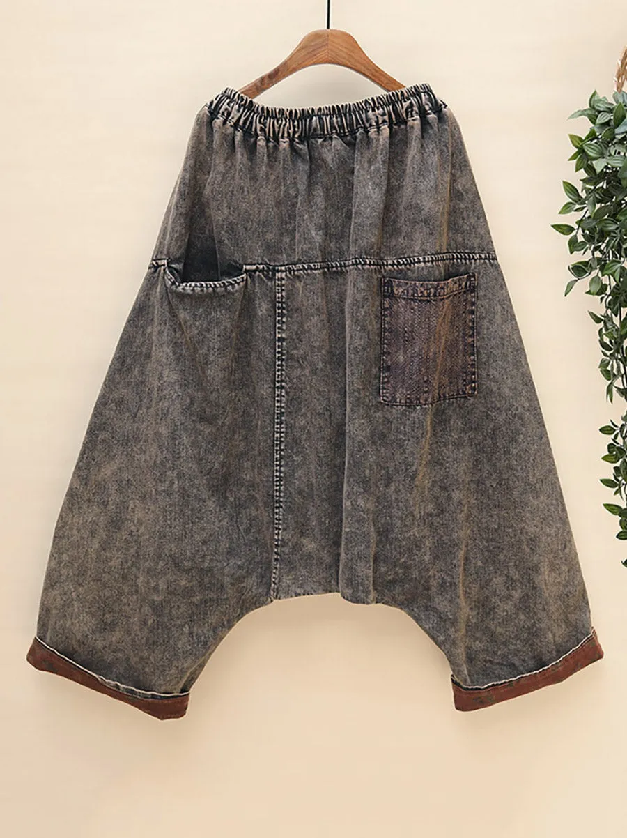 Women Worn Denim Low Crotch Harem Pants