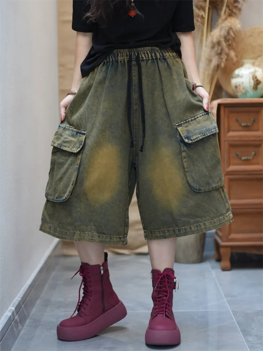 Women Worn Denim Wide-leg Cropped Pants