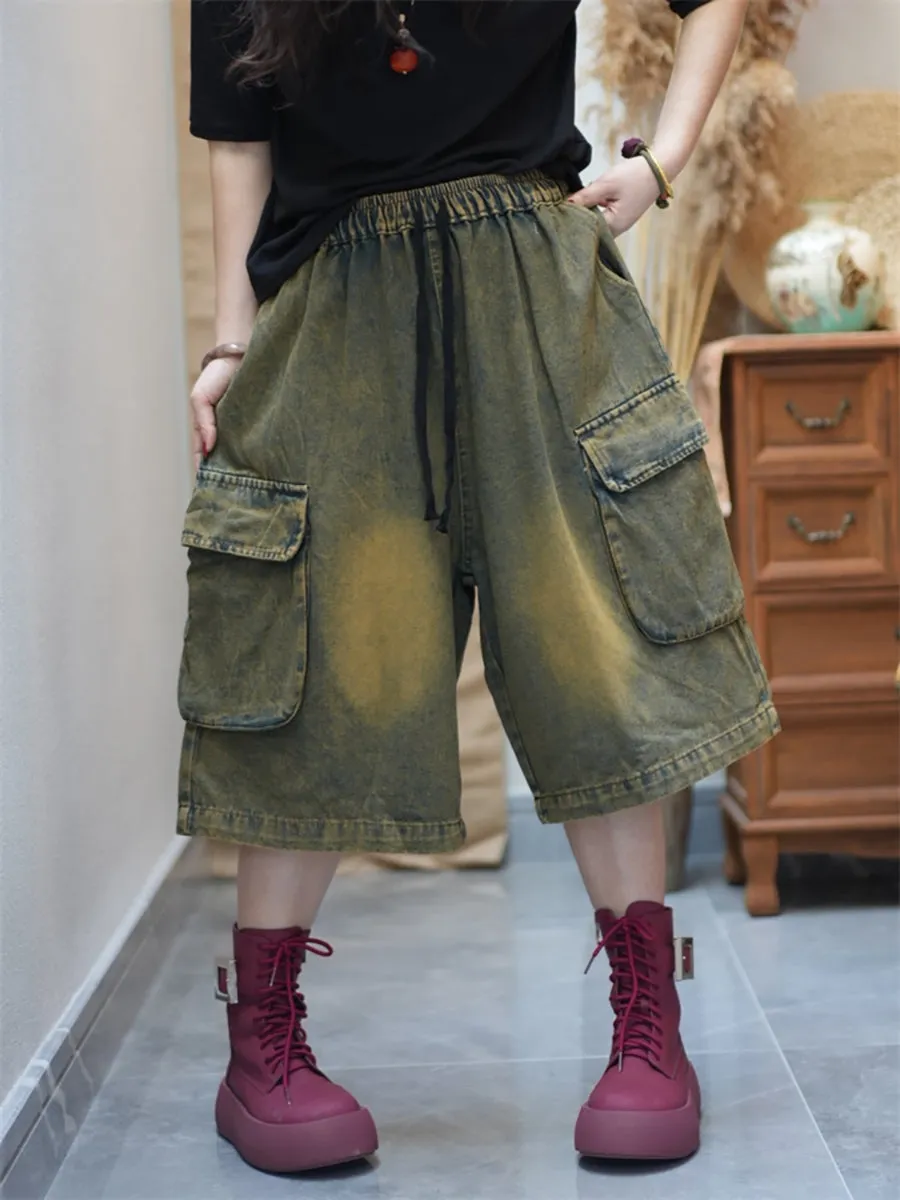 Women Worn Denim Wide-leg Cropped Pants