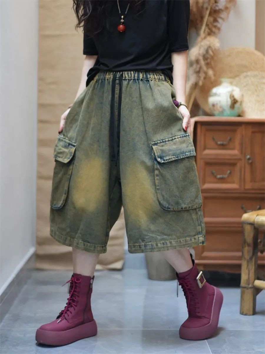 Women Worn Denim Wide-leg Cropped Pants