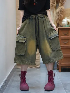 Women Worn Denim Wide-leg Cropped Pants