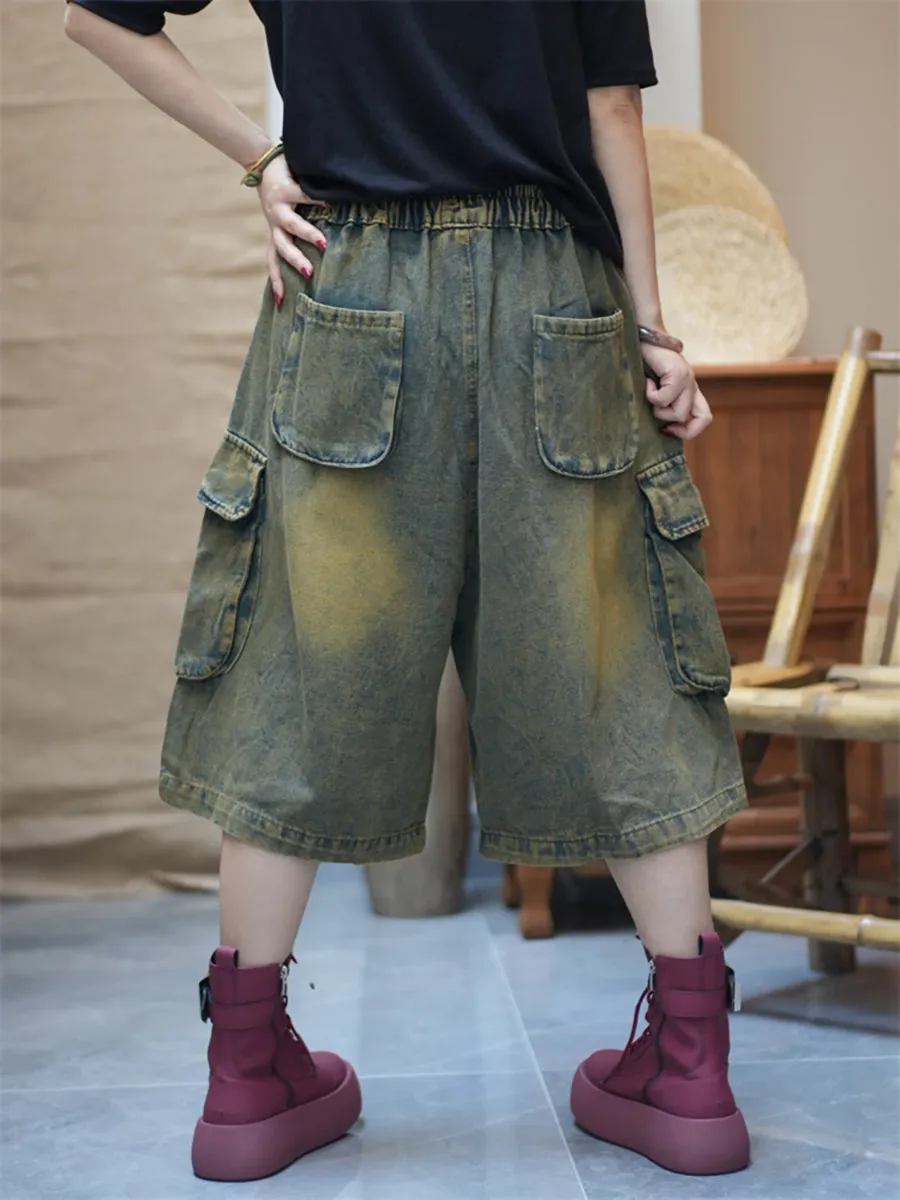 Women Worn Denim Wide-leg Cropped Pants