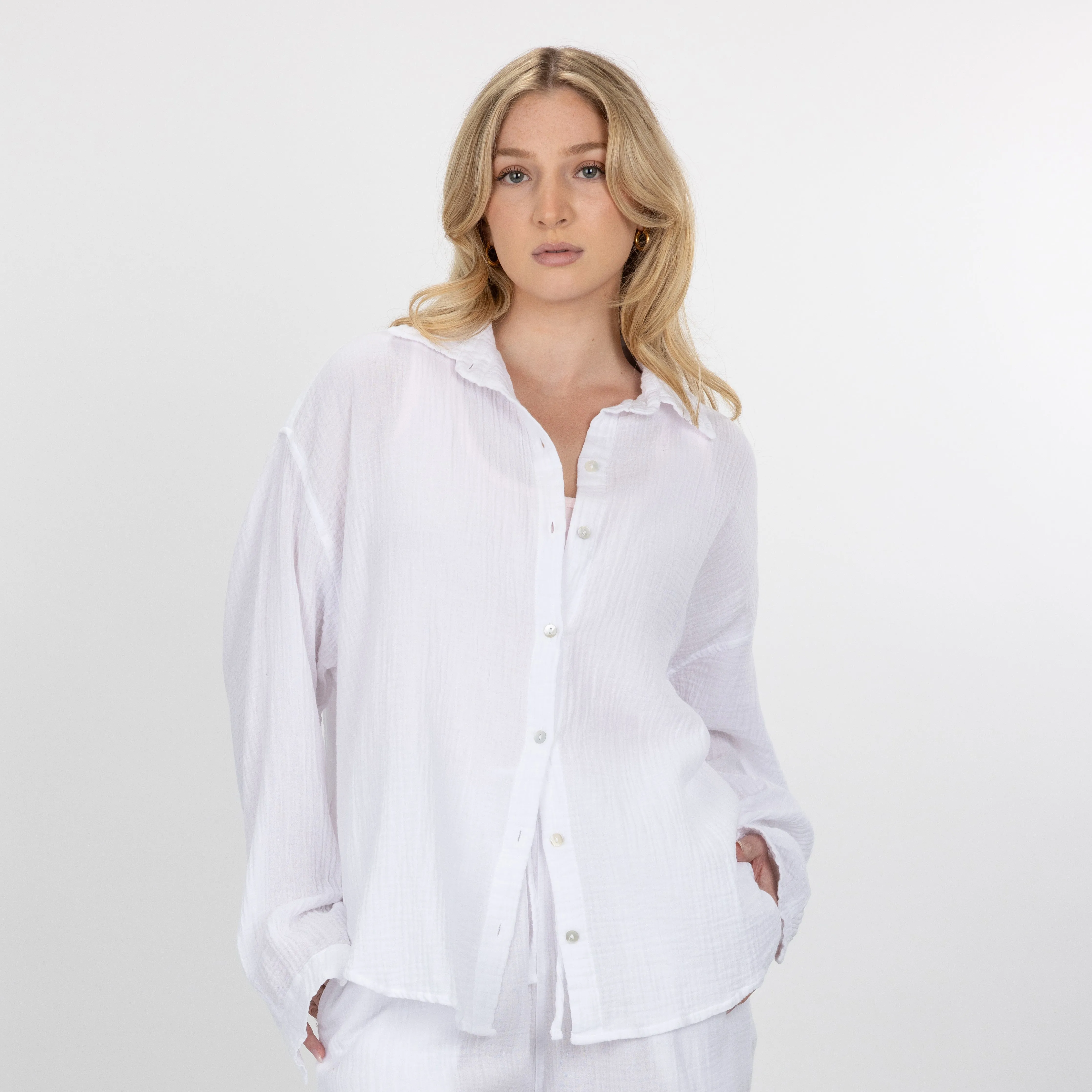 Womens Cotton Double Gauze Shirt - White