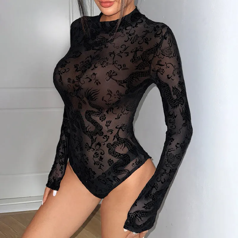 Women's Sexy Mesh Lace Floral Long Sleeve Bodysuit