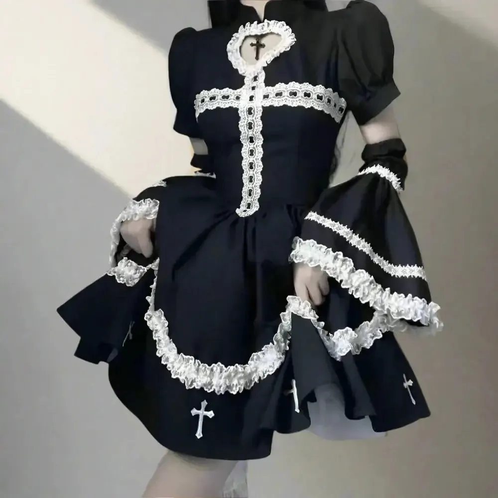 Y2K Gothic Flare Sleeve Full Zip Jacket in Patchwork Cotton