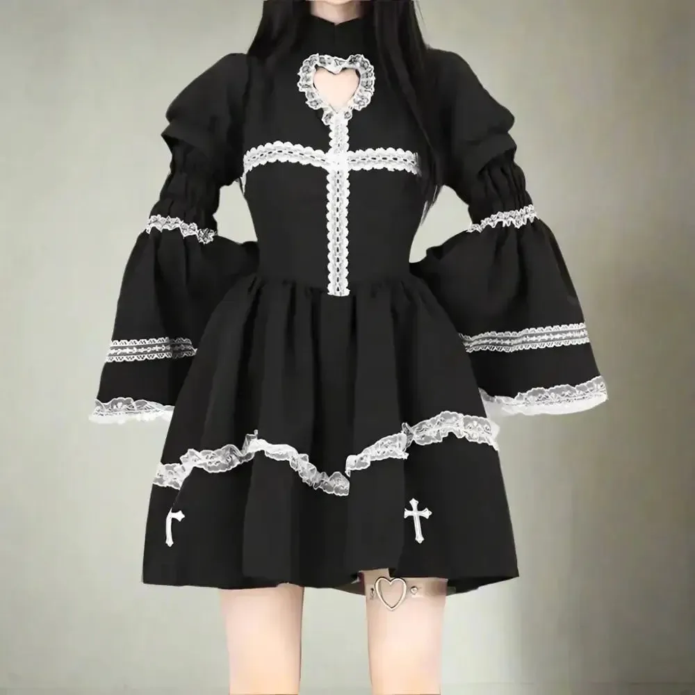Y2K Gothic Flare Sleeve Full Zip Jacket in Patchwork Cotton