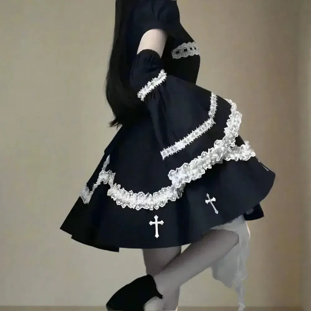 Y2K Gothic Flare Sleeve Full Zip Jacket in Patchwork Cotton