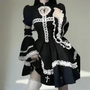 Y2K Gothic Flare Sleeve Full Zip Jacket in Patchwork Cotton