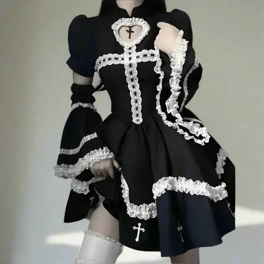 Y2K Gothic Flare Sleeve Full Zip Jacket in Patchwork Cotton