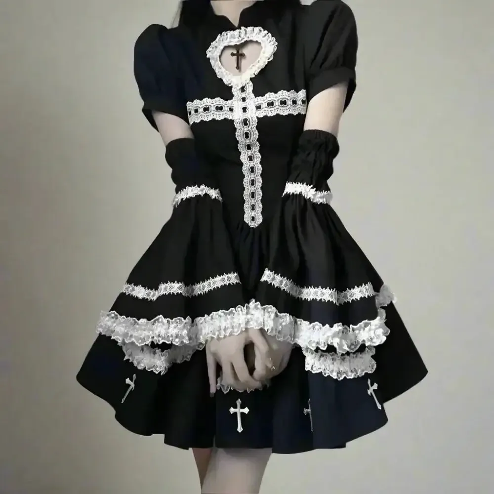 Y2K Gothic Flare Sleeve Full Zip Jacket in Patchwork Cotton