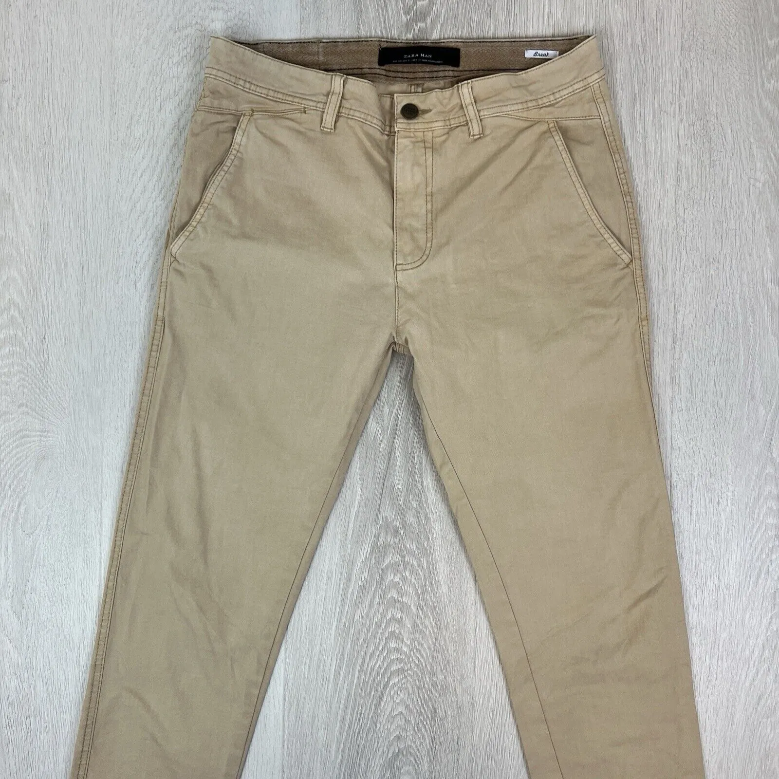 Zara Man Mens Beige Slim Chinos Size 31 'Break' Premium Wash Pants